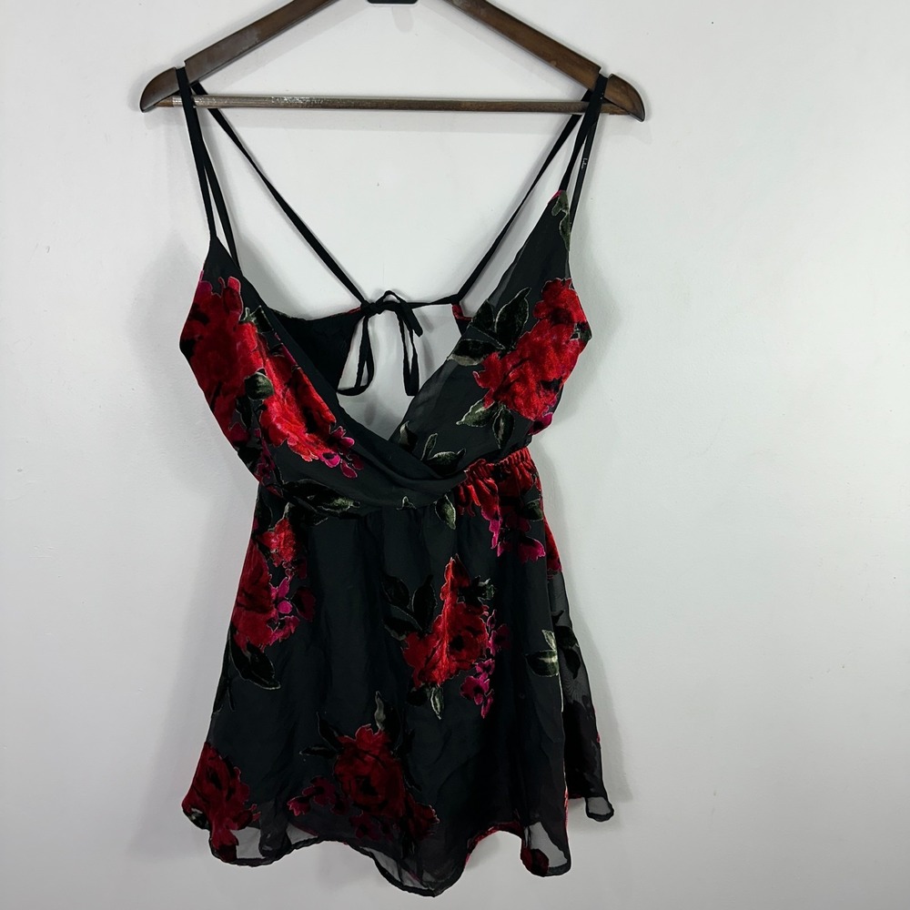 Lulu's Black Mini Dress with Red Floral Velvet Appliqué
